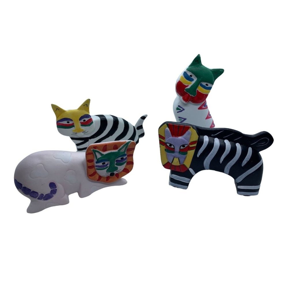 Colorful Vintage Ceramic Cat Set of 4 Figurines are Sitting  & Standing  Cats